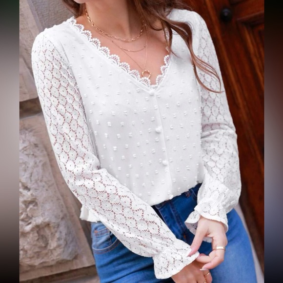 Boho white Swiss dot contrast lace sleeve blouse
